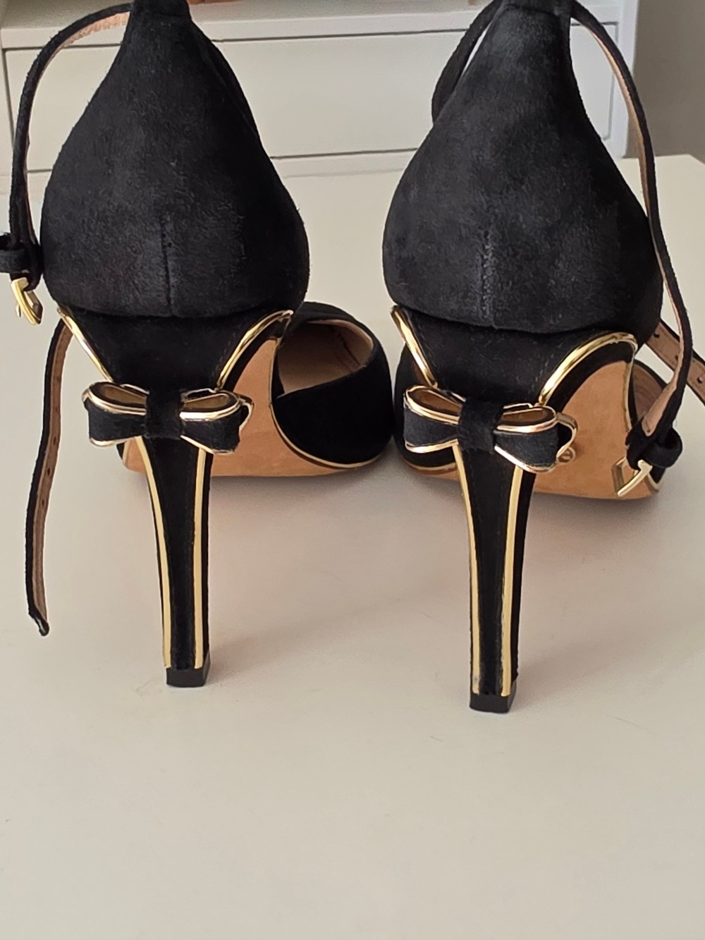 Tory Burch Belleville Black Suede Pointed Toe Ankle Tie Heels with Gold Trim - Picture 8 of 9